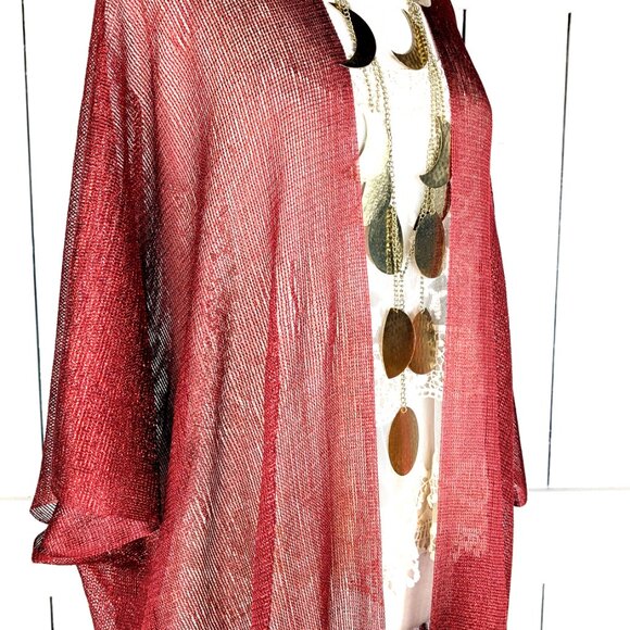 Red metallic mesh fringe kimono cover up - Picture 6 of 7